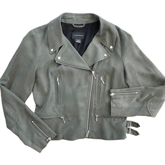 Club Monaco Women’s Kapri Moto Biker Jacket Olive Green Cropped Zip Front Size M - Picture 1 of 13